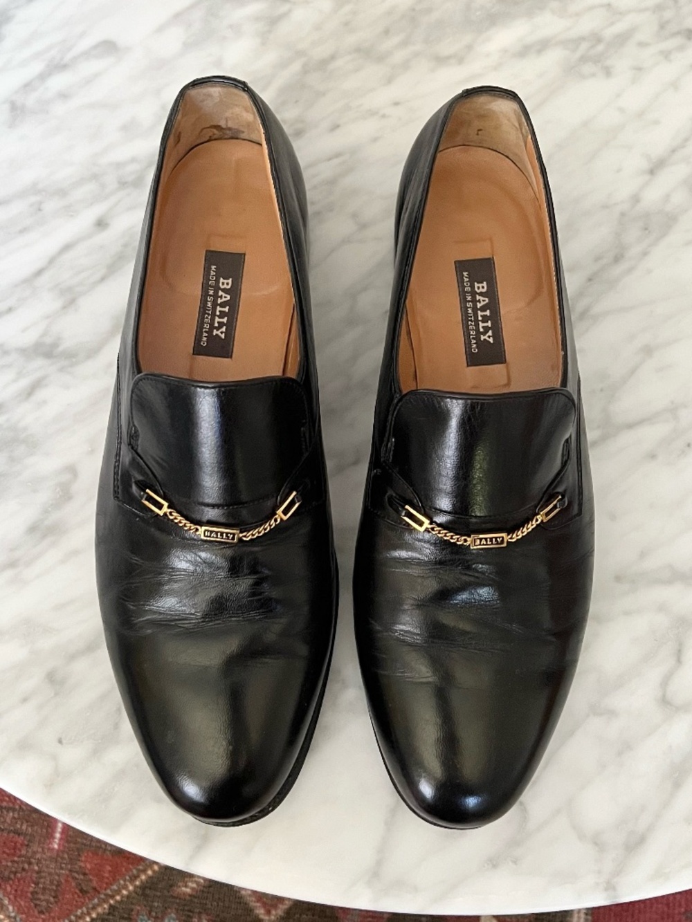 Vintage Bally Black Leather Gold Chain Detail  Loafers Men’s US 8 EU 41